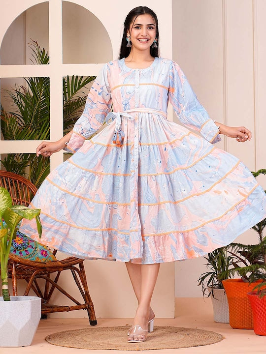 Floral Printed Puffed Sleeves Cotton Fit and Flare Midi Dress
