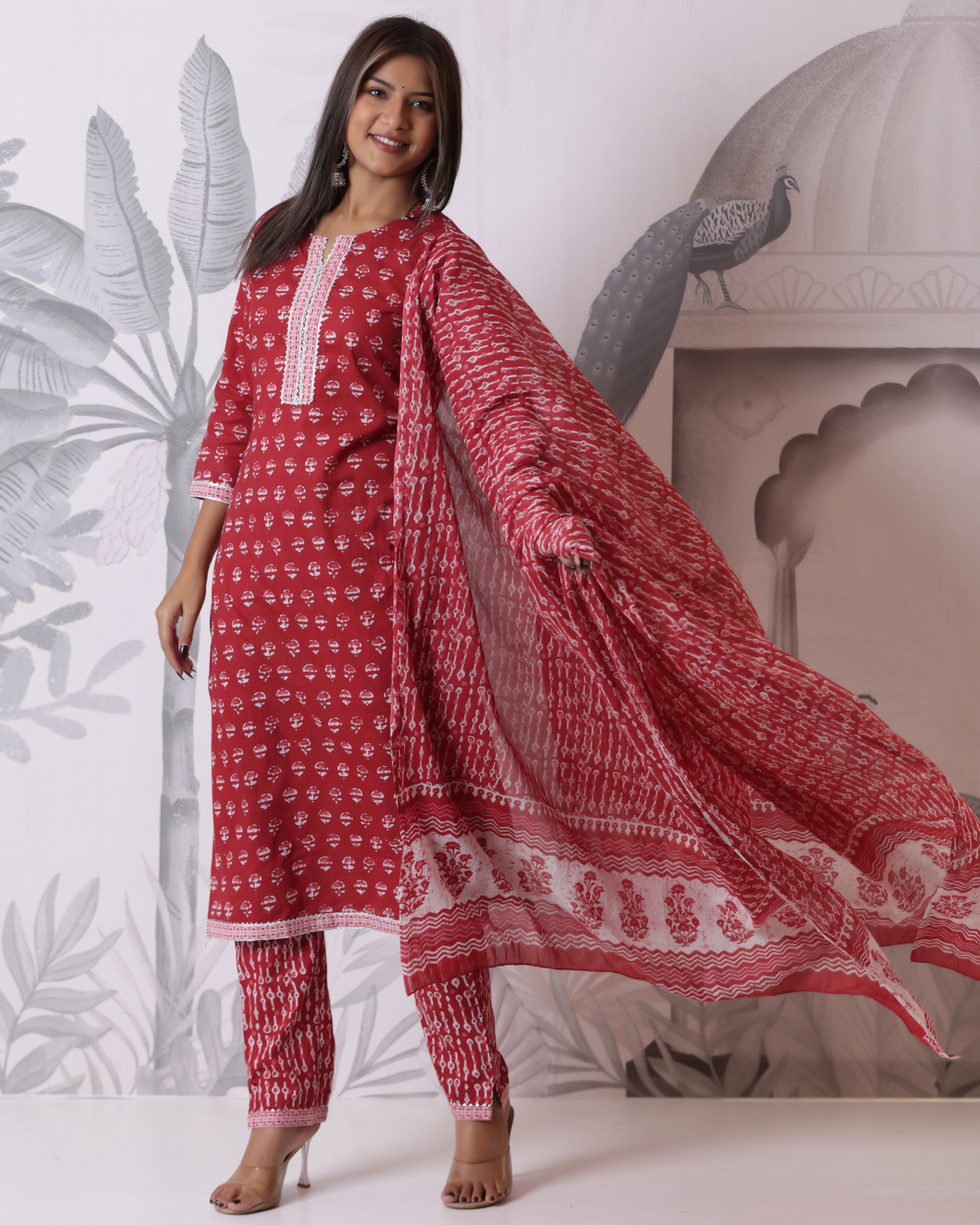 Pure Cotton Straight Vivid Auburn Kurta Set With Dupatta Motifs Printed Gotta Patti