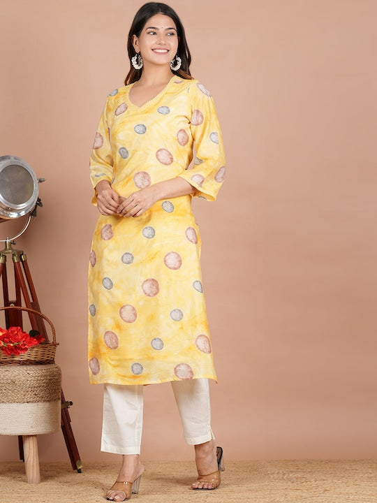 Geometric Printed V-Neck Flared Sleeves Silk Straight Kurta