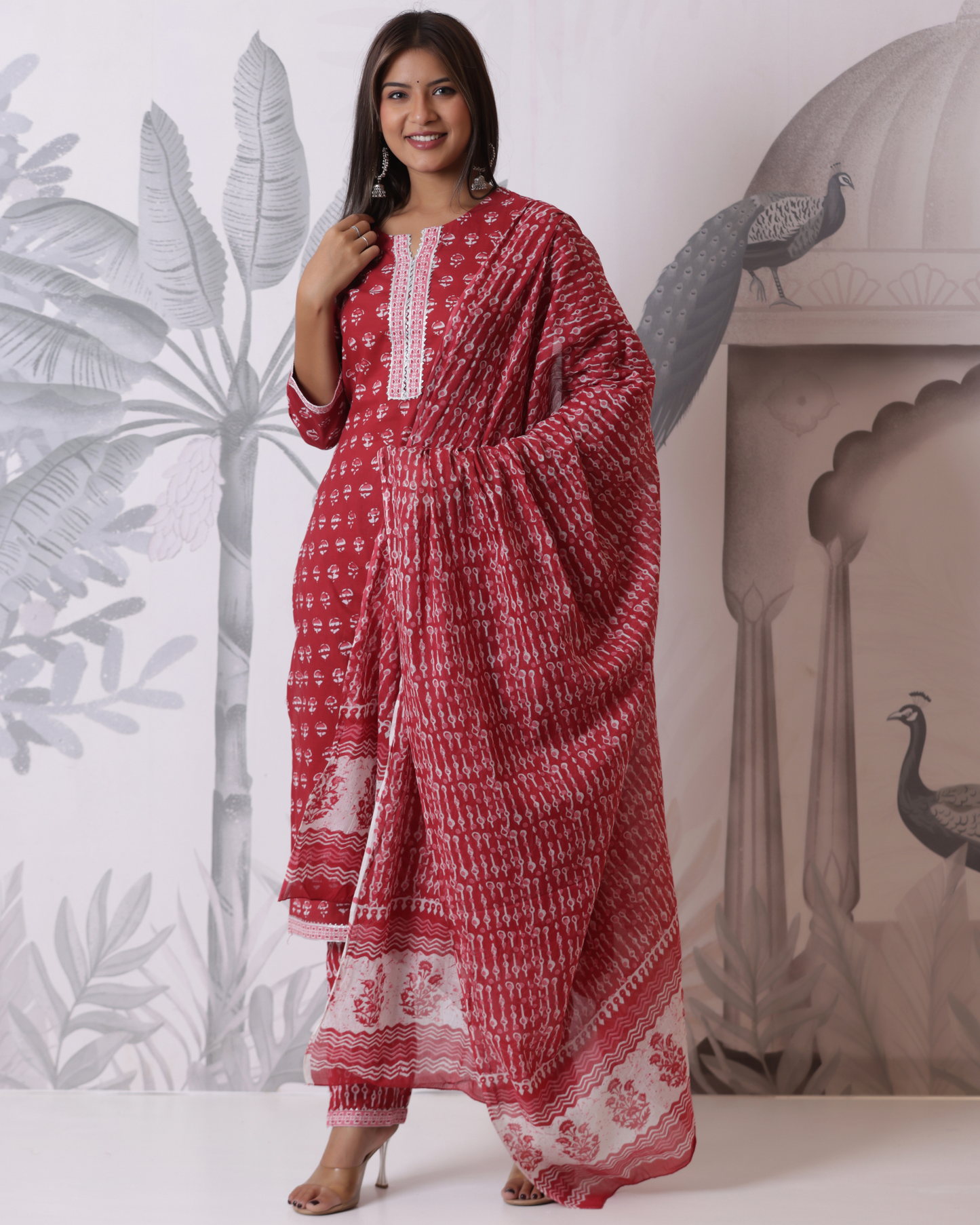 Pure Cotton Straight Vivid Auburn Kurta Set With Dupatta Motifs Printed Gotta Patti