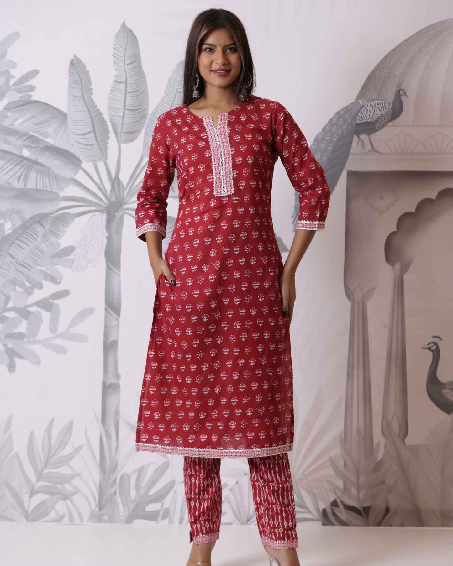Pure Cotton Straight Vivid Auburn Kurta Set With Dupatta Motifs Printed Gotta Patti