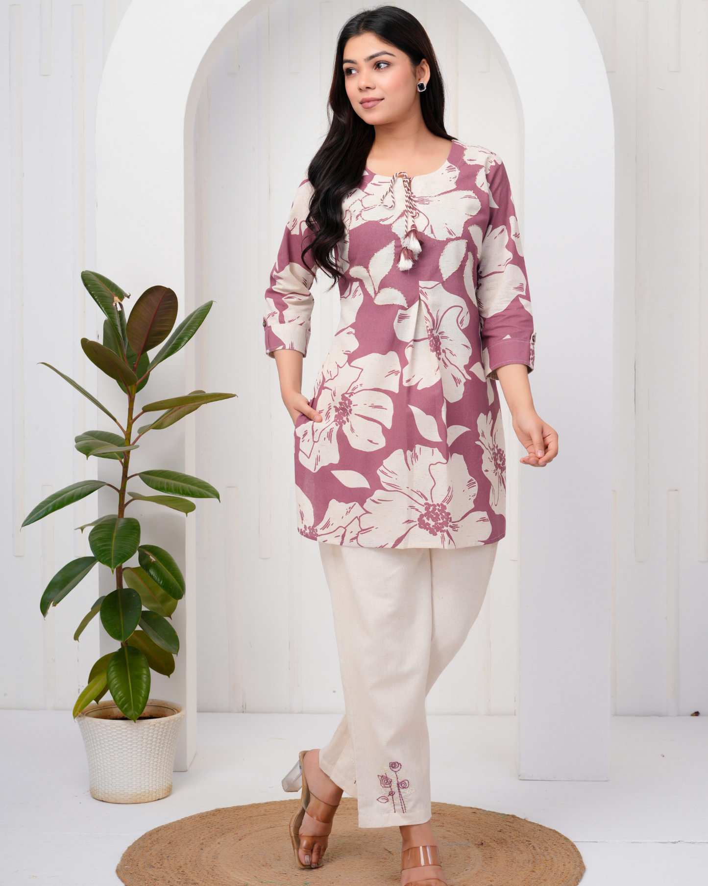Women's Round Neck, Printed Maroon Co-Ord Set, Night Suit Set