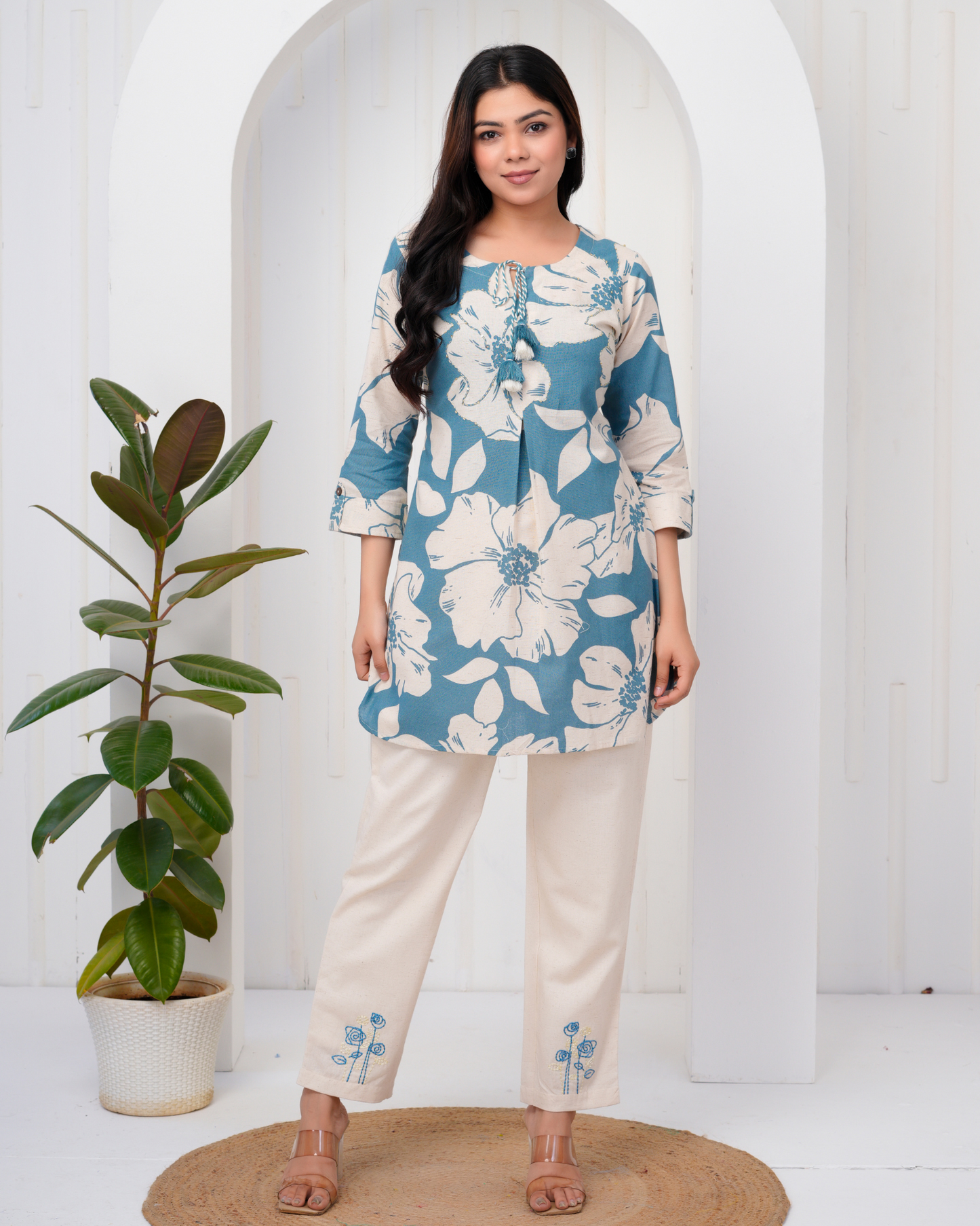 Women's Round Neck, Printed Blue Co-Ord Set, Night Suit Set