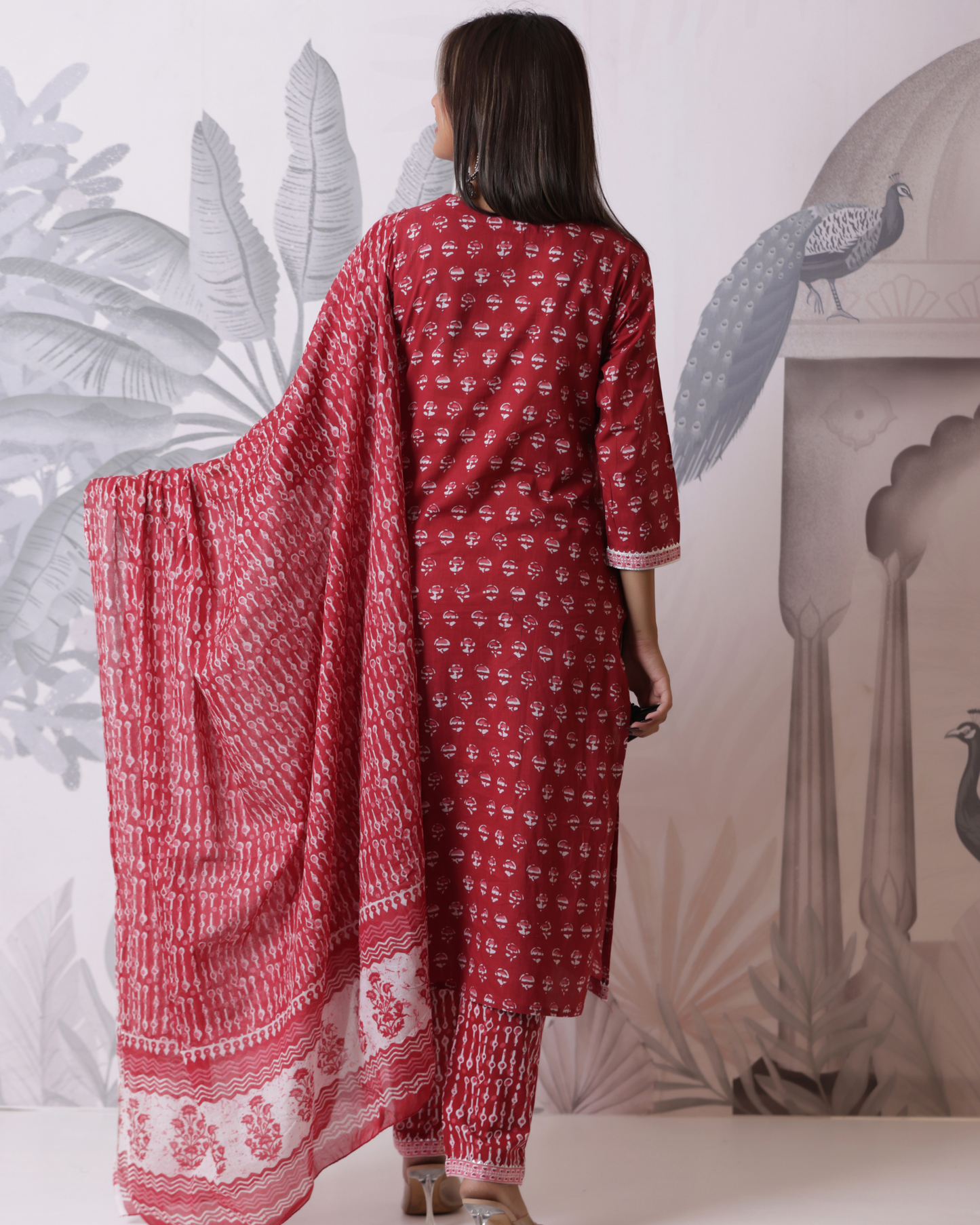 Pure Cotton Straight Vivid Auburn Kurta Set With Dupatta Motifs Printed Gotta Patti