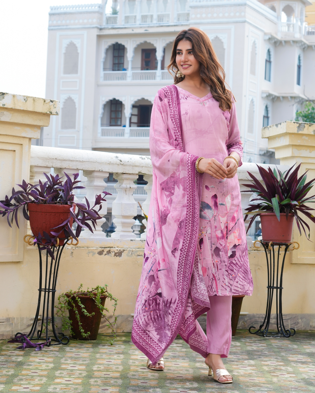 Pink Natural Silk Printed Kurta Set With Dupatta