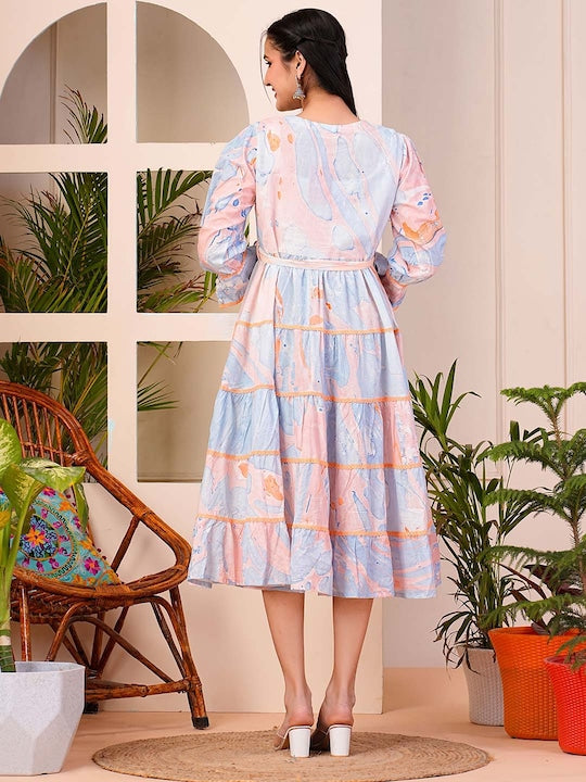 Floral Printed Puffed Sleeves Cotton Fit and Flare Midi Dress