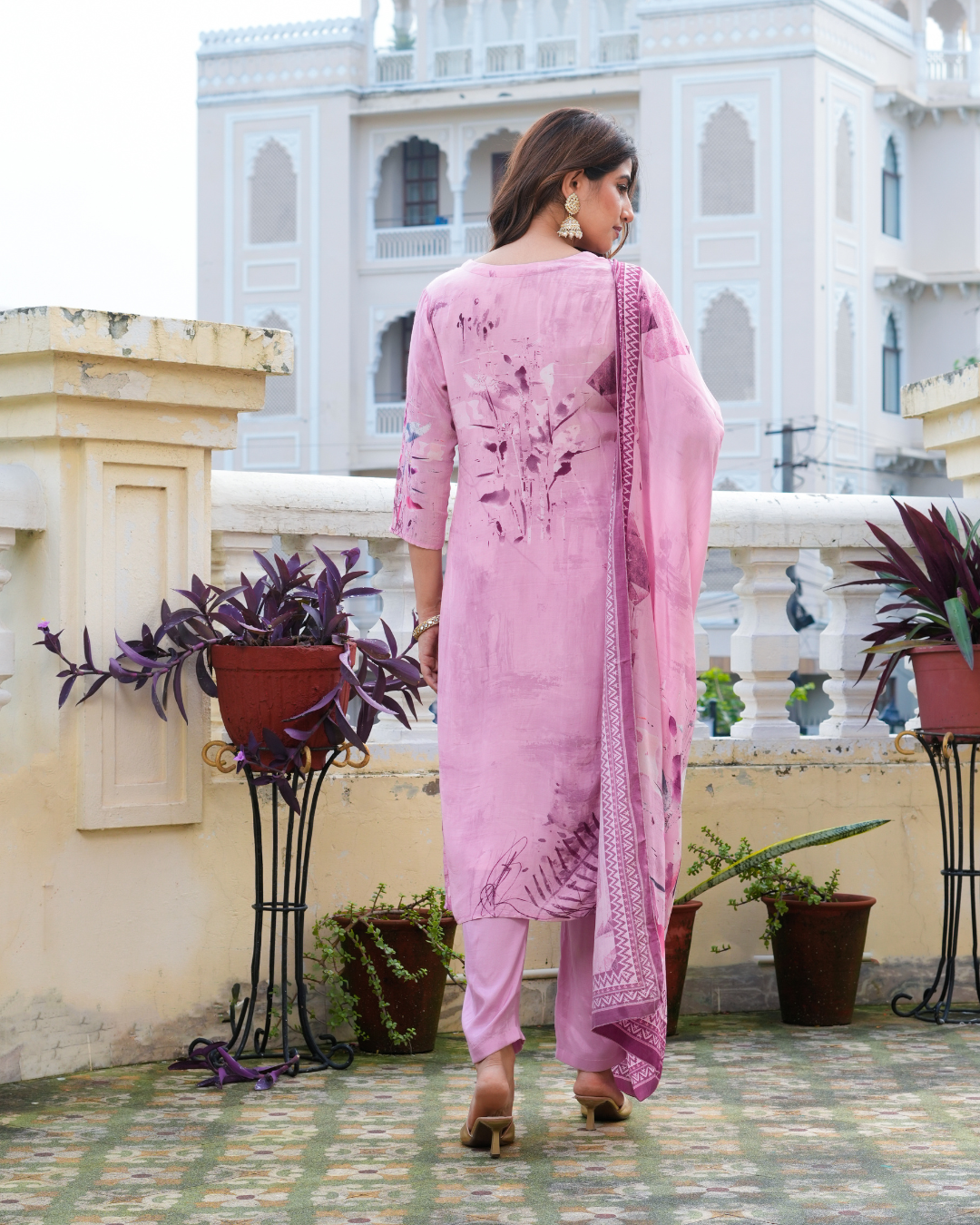 Pink Natural Silk Printed Kurta Set With Dupatta