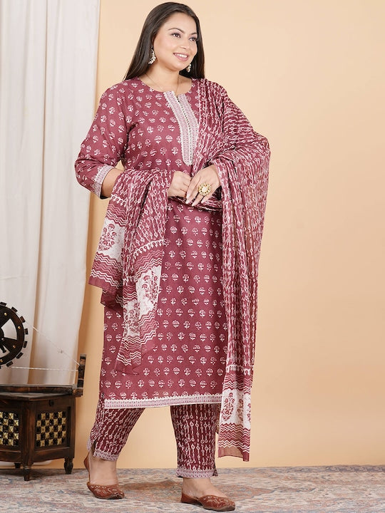 Solid Pink Floral Printed Gotta Patti Pure Cotton Kurta Set With Dupatta