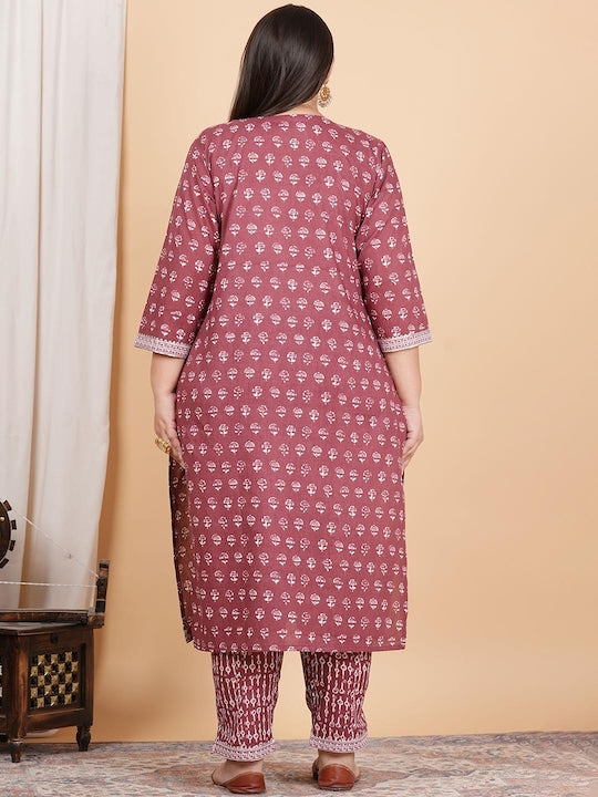 Solid Pink Floral Printed Gotta Patti Pure Cotton Kurta Set With Dupatta