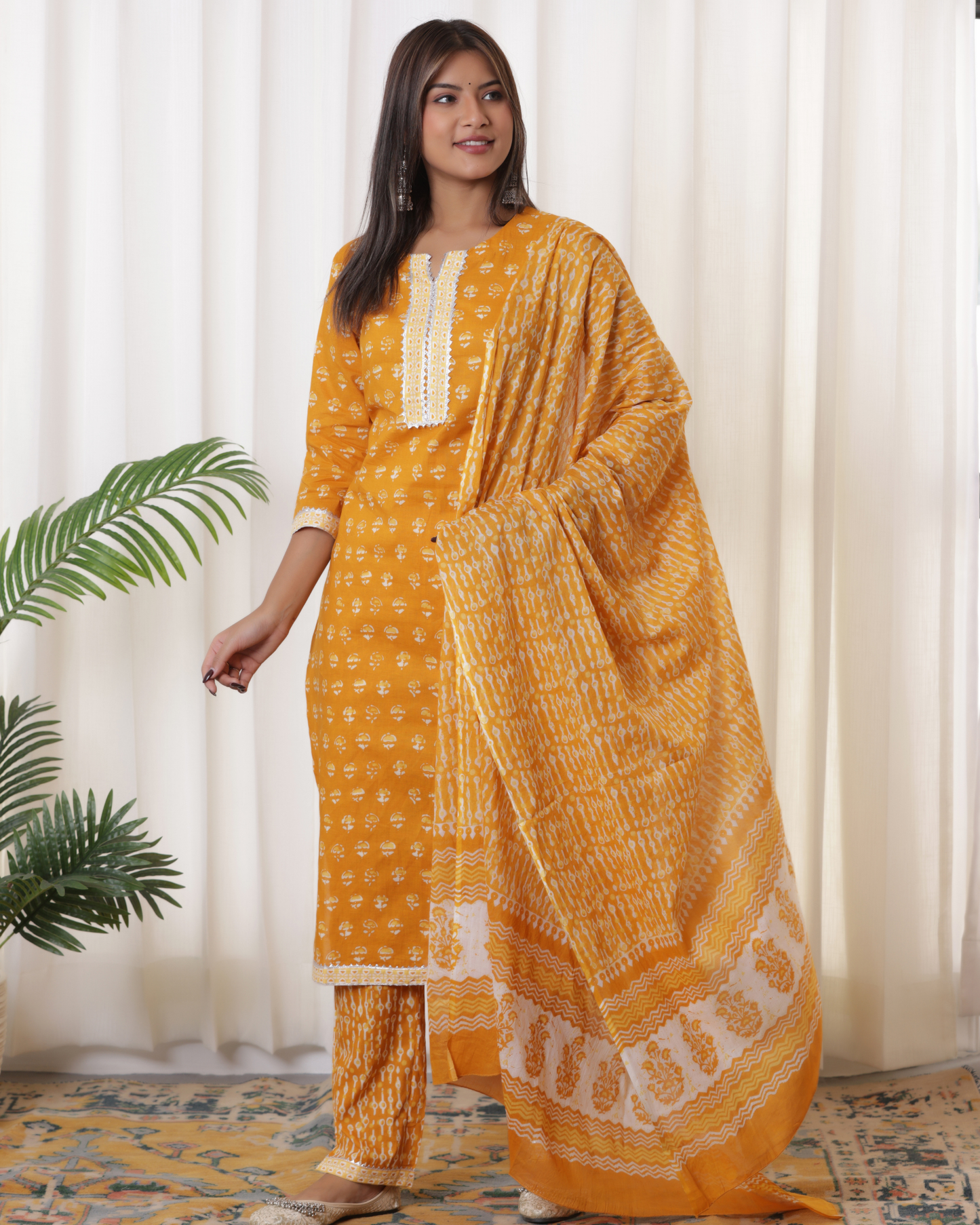 Floral Printed Regular Gotta Patti Pure Cotton Dull Orange Kurta Set With Dupatta