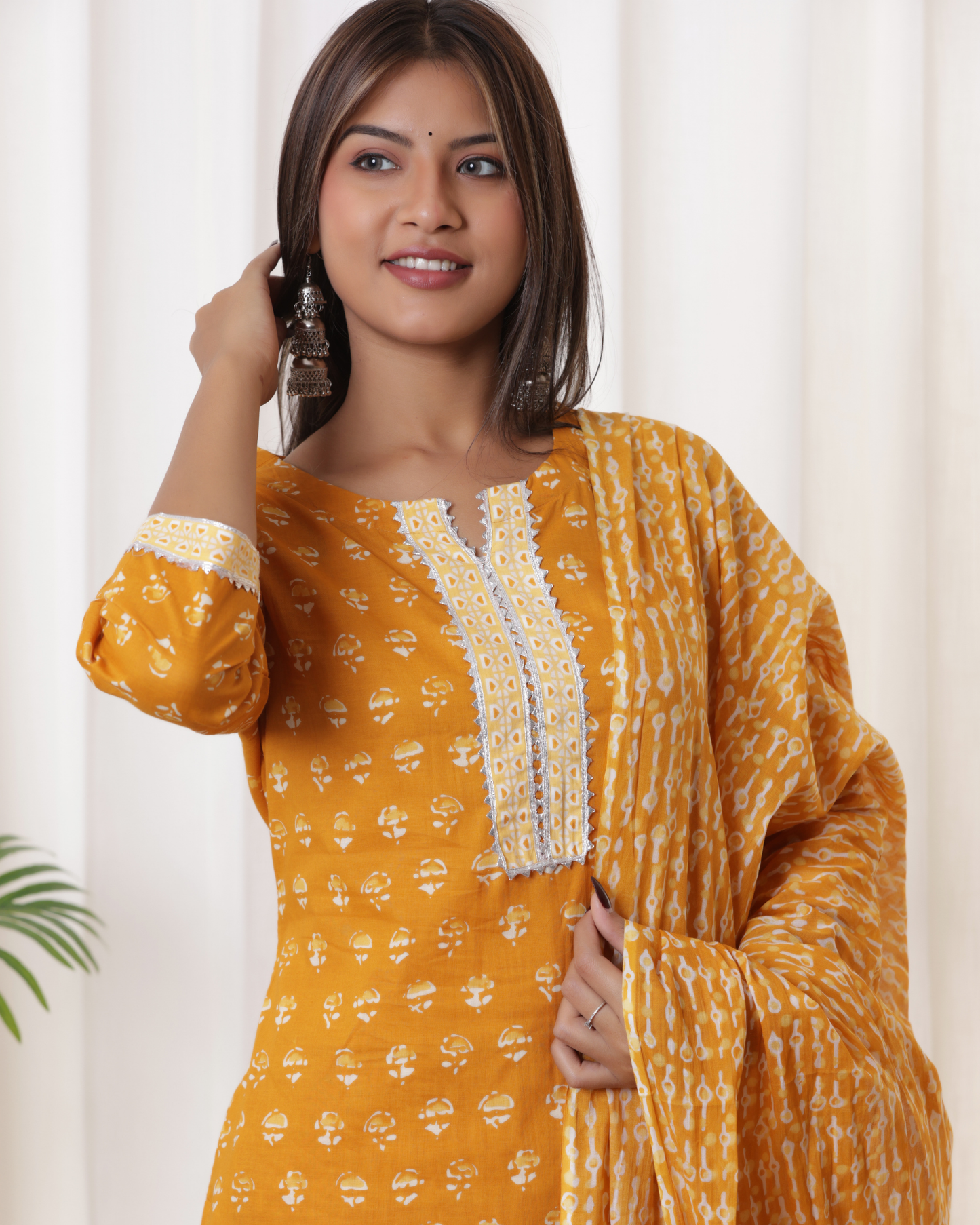 Floral Printed Regular Gotta Patti Pure Cotton Dull Orange Kurta Set With Dupatta
