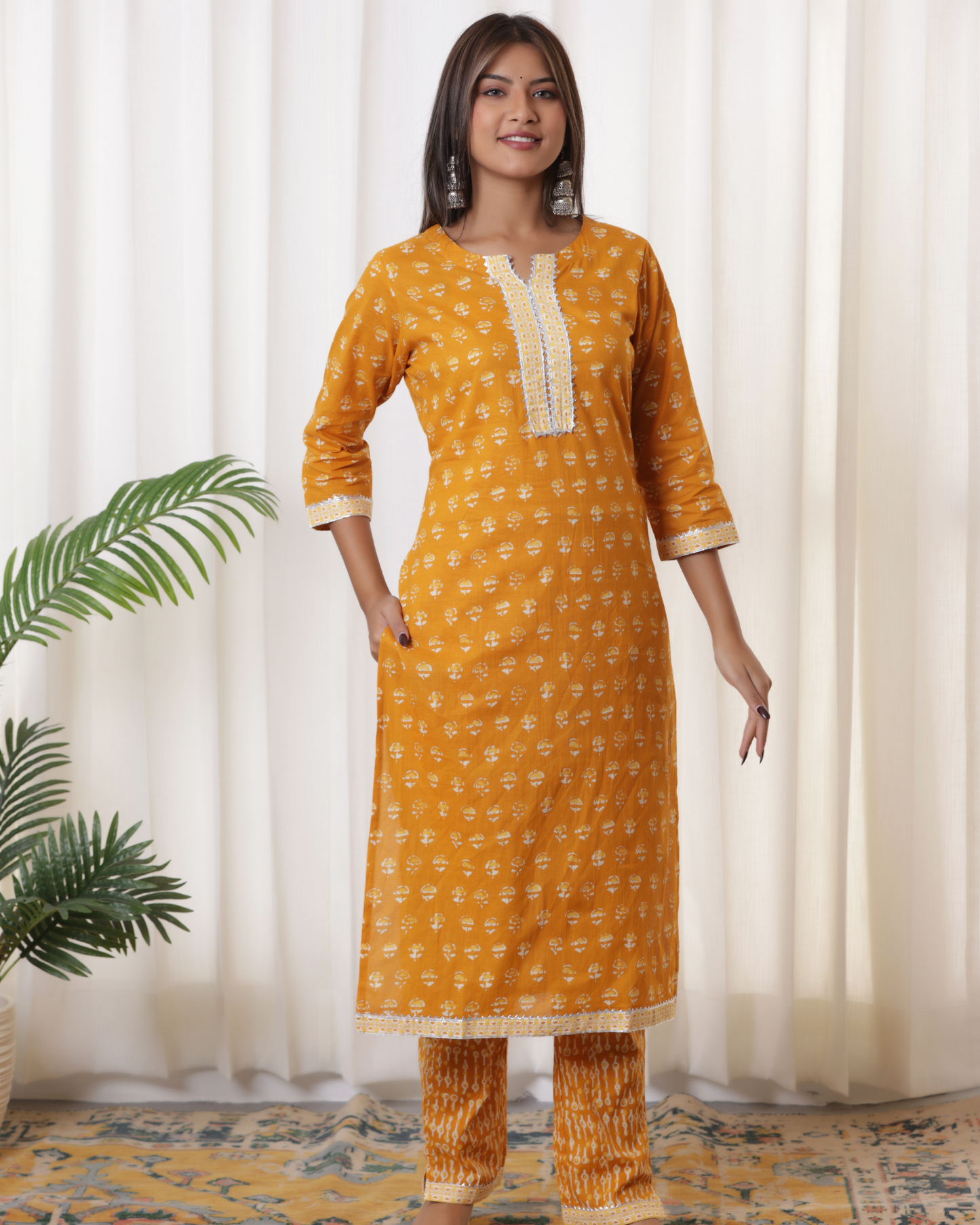 Floral Printed Regular Gotta Patti Pure Cotton Dull Orange Kurta Set With Dupatta