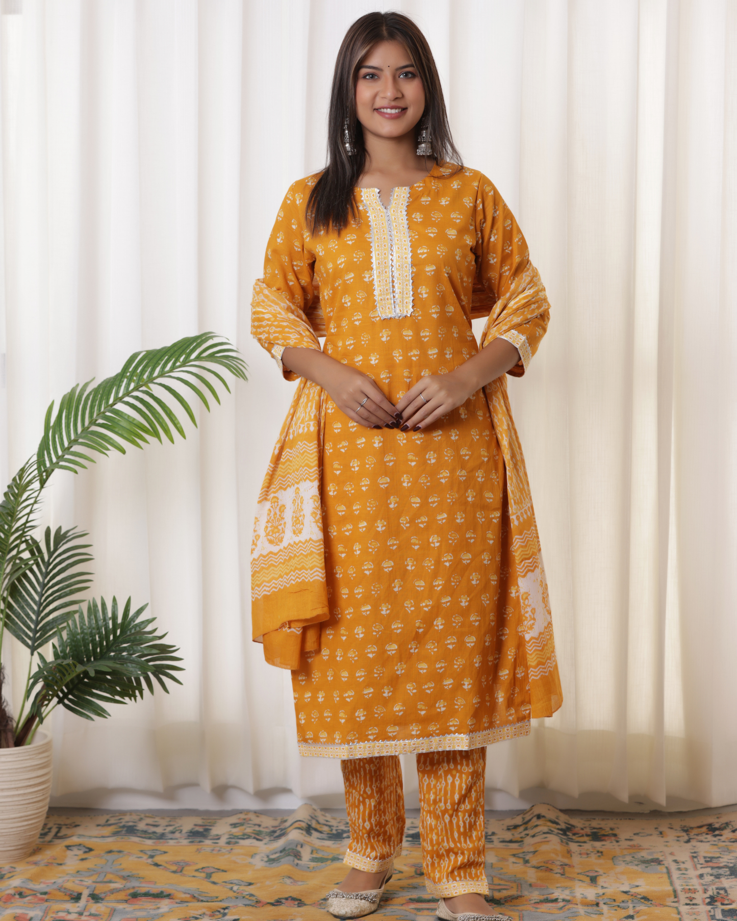 Floral Printed Regular Gotta Patti Pure Cotton Dull Orange Kurta Set With Dupatta