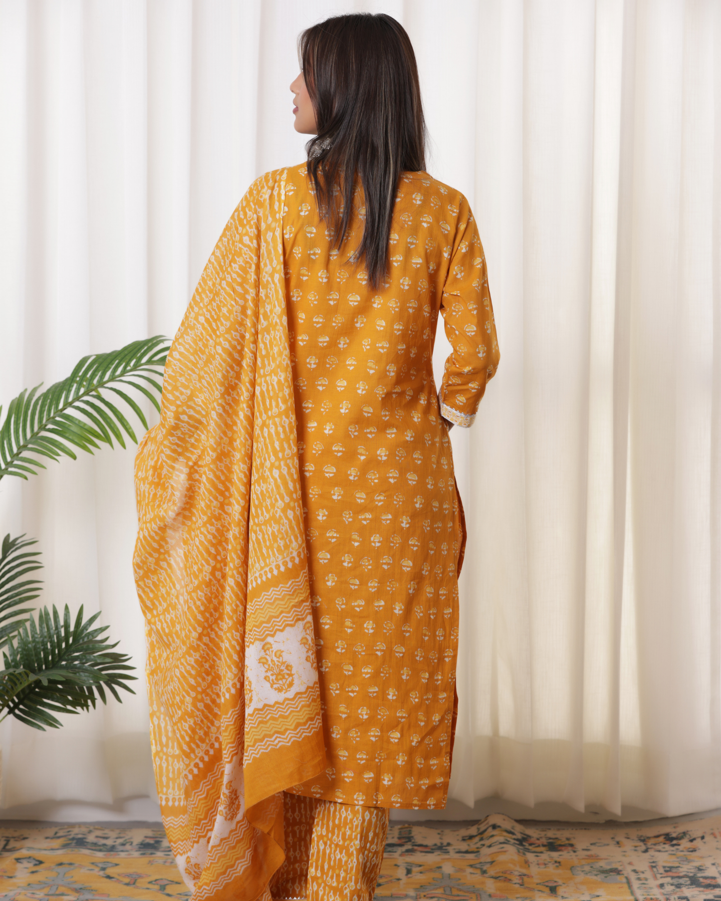Floral Printed Regular Gotta Patti Pure Cotton Dull Orange Kurta Set With Dupatta