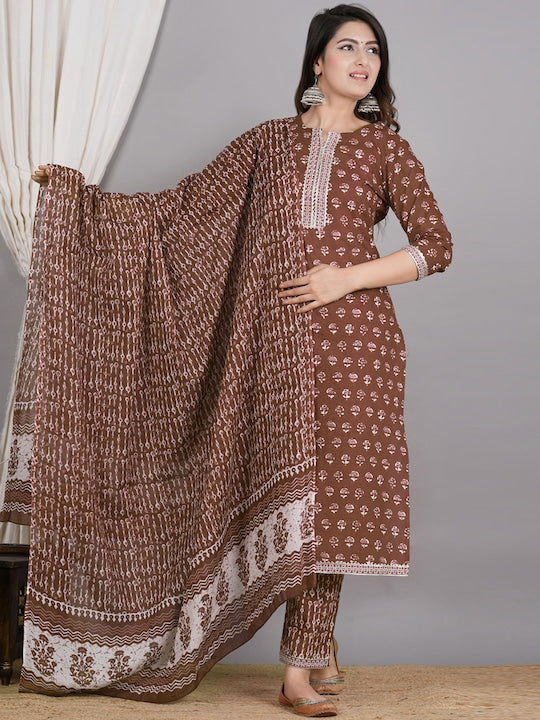 Women Ethnic Motifs Printed Regular Gotta Patti Pure Cotton Old Copper Kurta Set