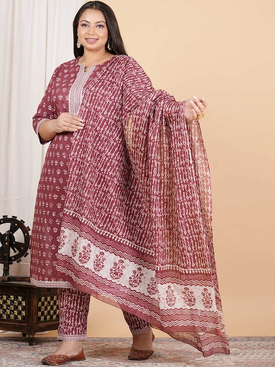 Solid Pink Floral Printed Gotta Patti Pure Cotton Kurta Set With Dupatta