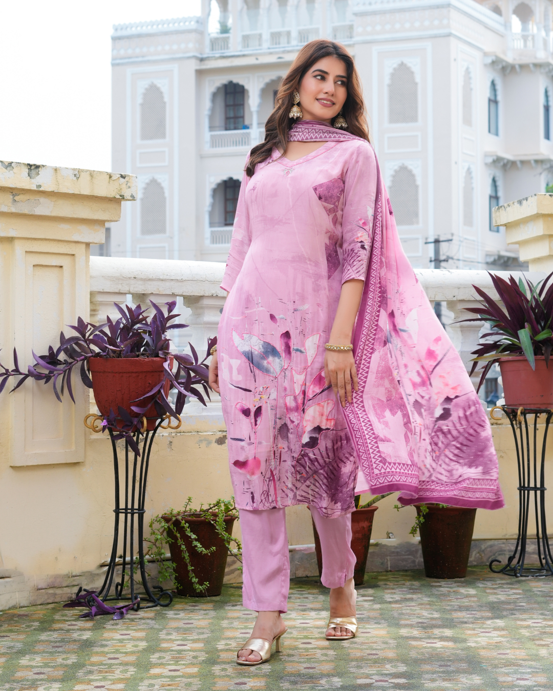 Pink Natural Silk Printed Kurta Set With Dupatta
