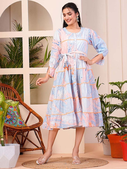 Floral Printed Puffed Sleeves Cotton Fit and Flare Midi Dress