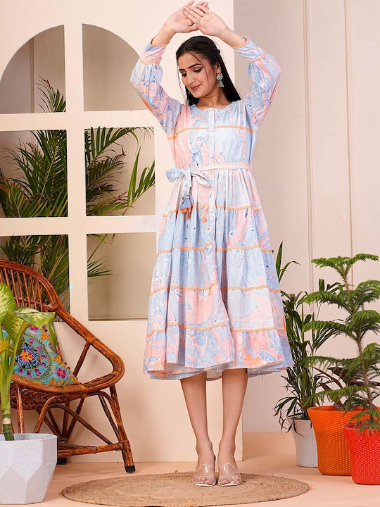 Floral Printed Puffed Sleeves Cotton Fit and Flare Midi Dress