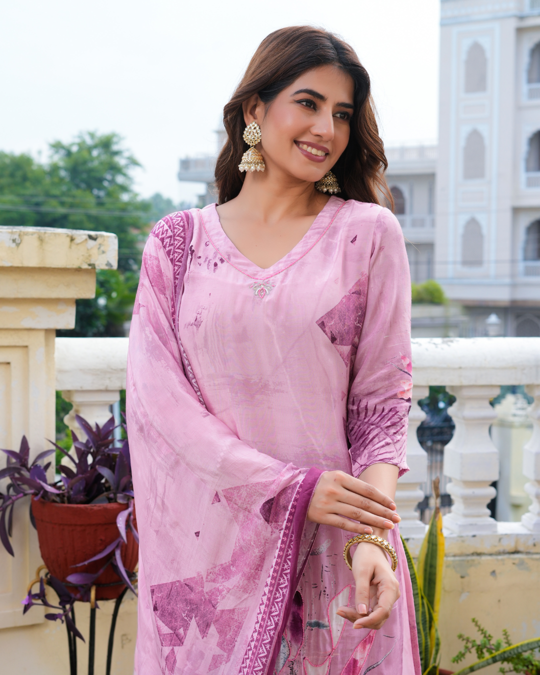 Pink Natural Silk Printed Kurta Set With Dupatta