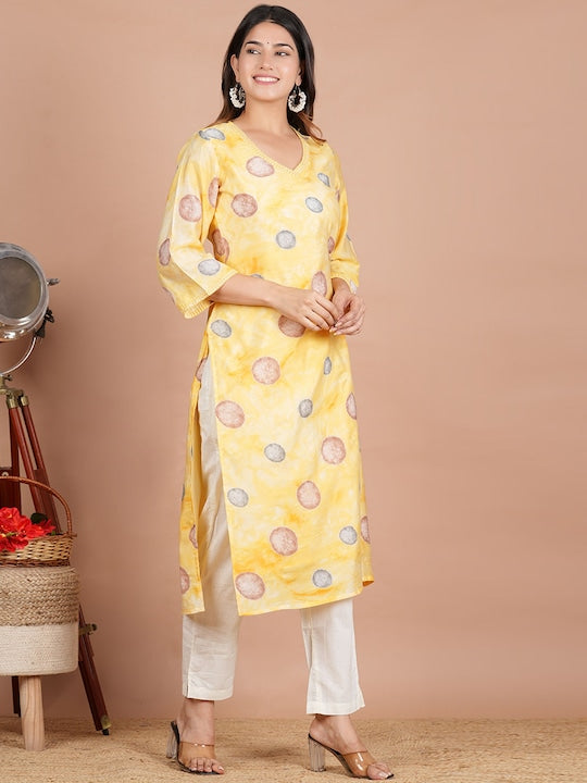 Geometric Printed V-Neck Flared Sleeves Silk Straight Kurta