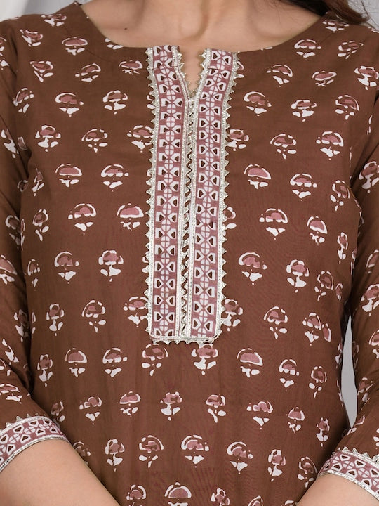 Women Ethnic Motifs Printed Regular Gotta Patti Pure Cotton Old Copper Kurta Set