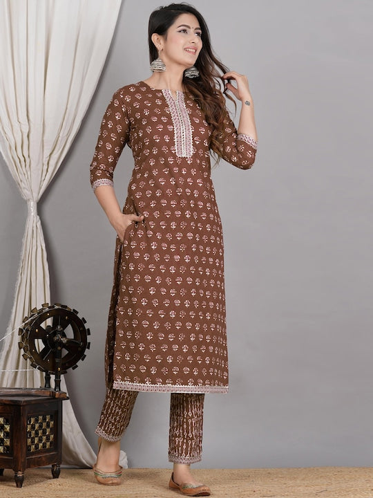 Women Ethnic Motifs Printed Regular Gotta Patti Pure Cotton Old Copper Kurta Set