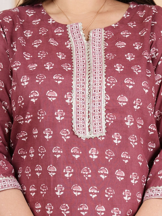 Solid Pink Floral Printed Gotta Patti Pure Cotton Kurta Set With Dupatta