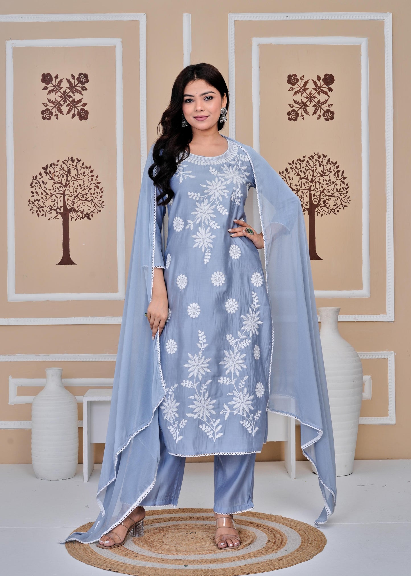 Cotton Printed Embroidered Straight Blue Kurta Set With Dupatta