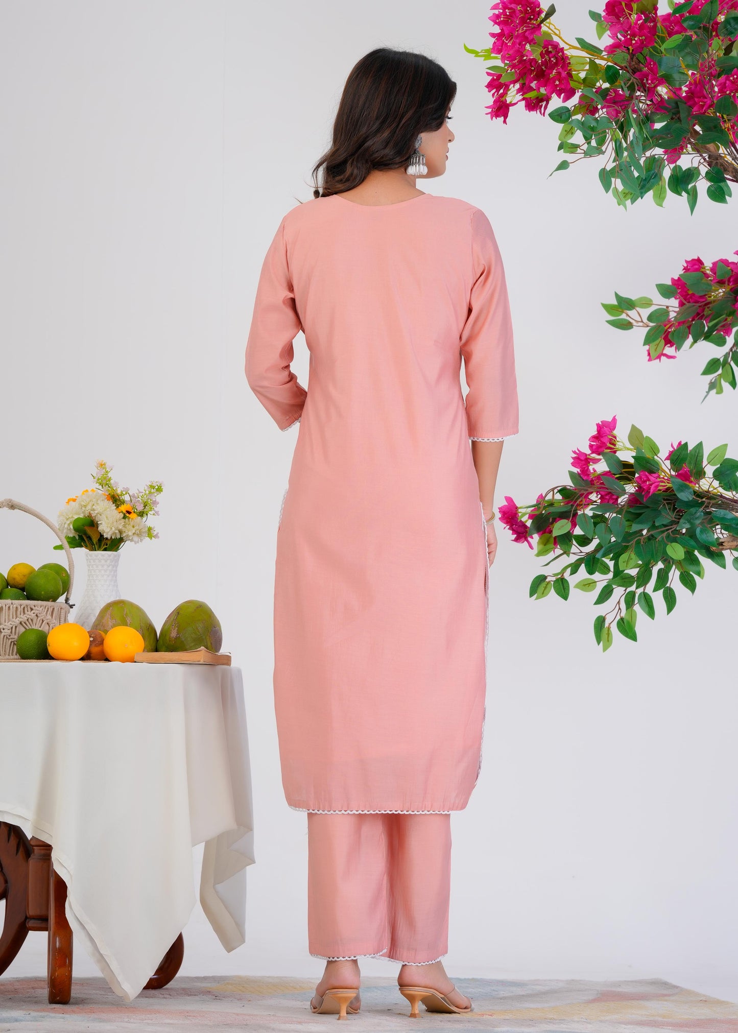 Cotton Embroidered Straight Peach Kurta Set With Dupatta