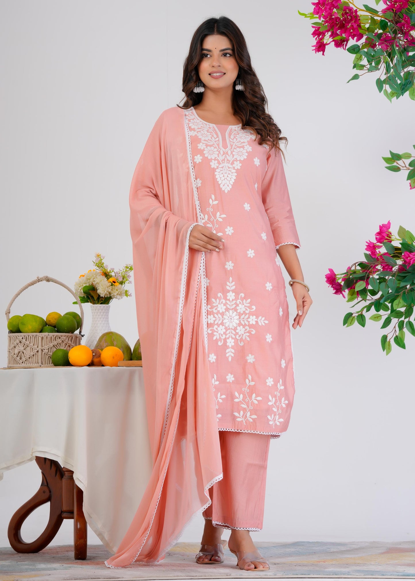 Cotton Embroidered Straight Peach Kurta Set With Dupatta