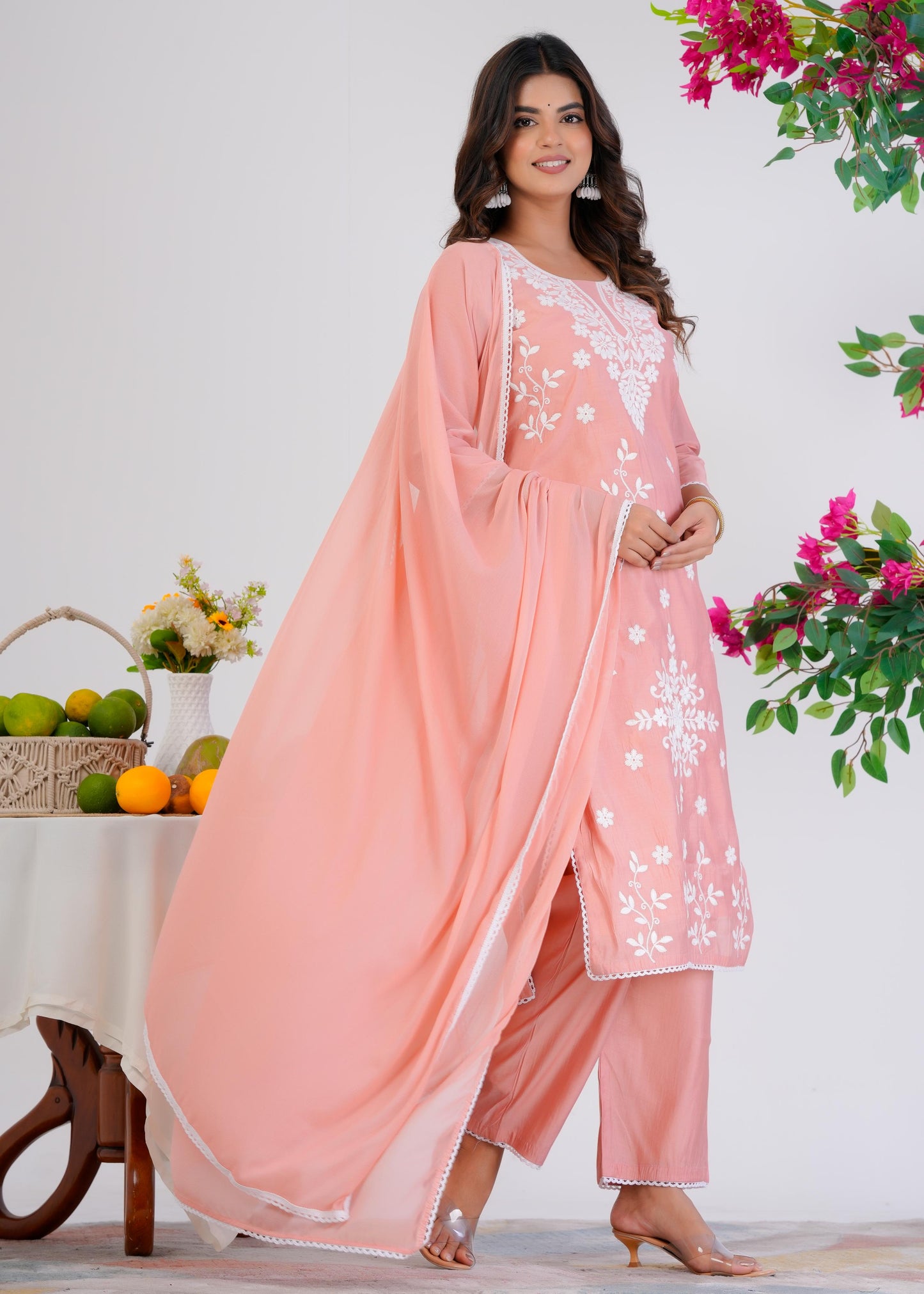 Cotton Embroidered Straight Peach Kurta Set With Dupatta