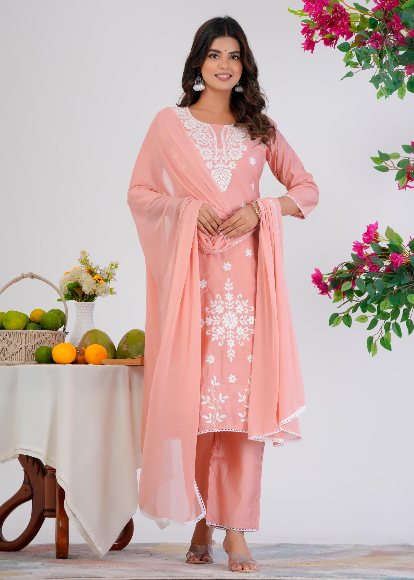Cotton Embroidered Straight Peach Kurta Set With Dupatta
