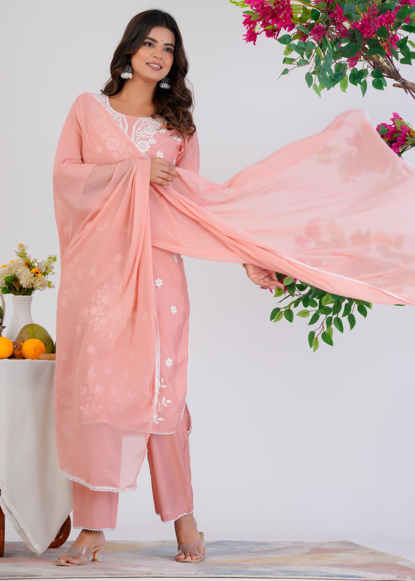 Cotton Embroidered Straight Peach Kurta Set With Dupatta