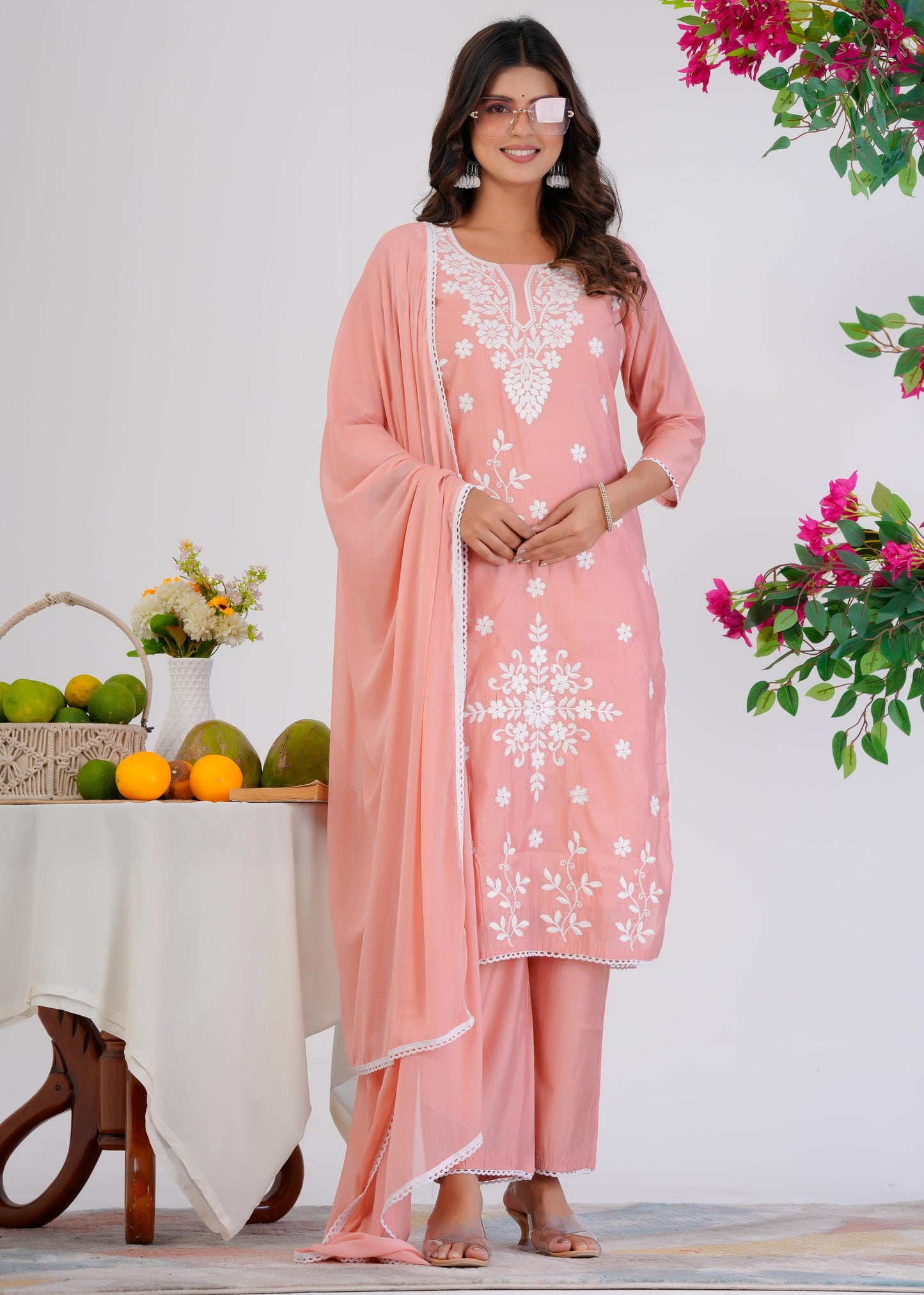 Cotton Embroidered Straight Peach Kurta Set With Dupatta