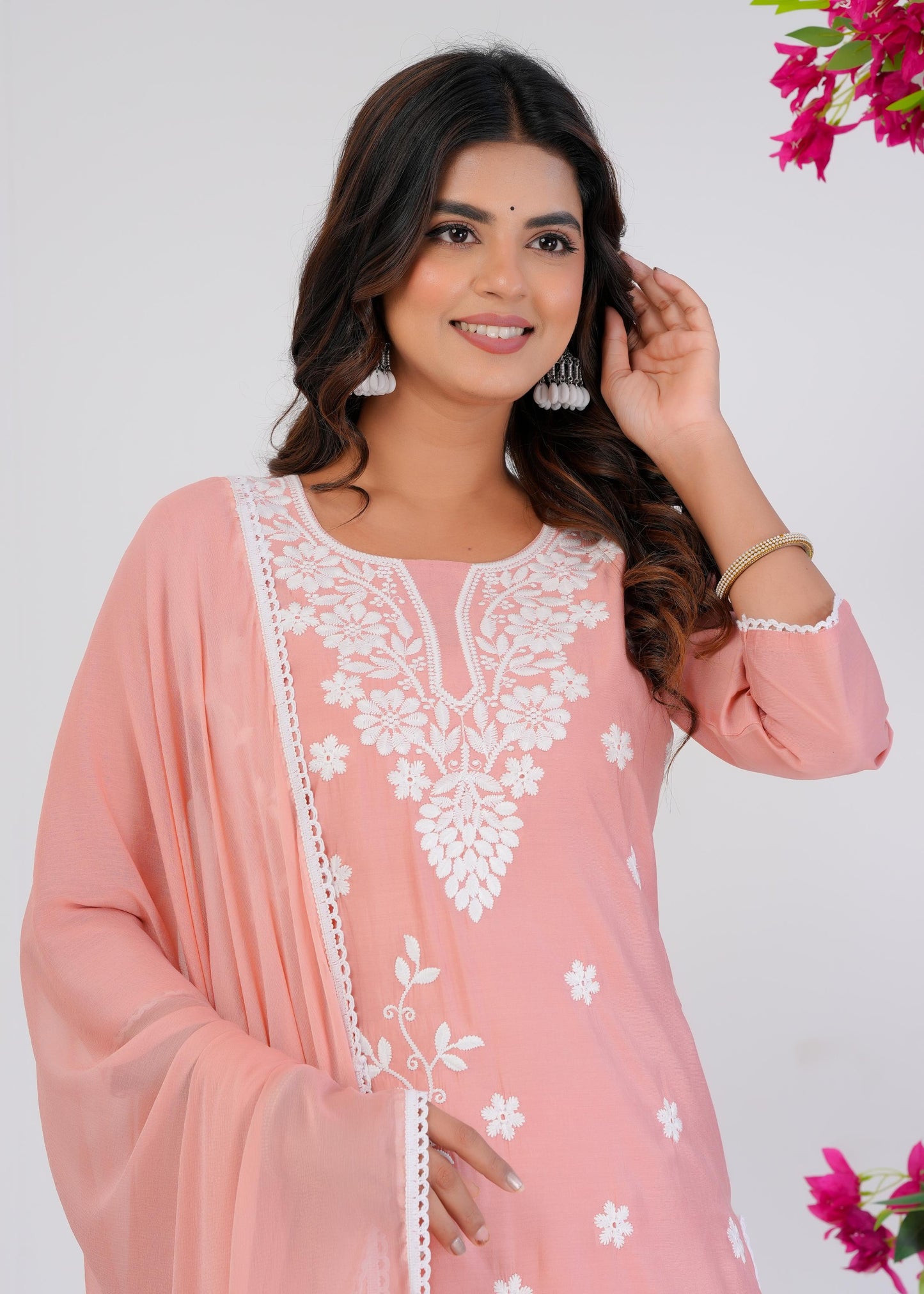 Cotton Embroidered Straight Peach Kurta Set With Dupatta