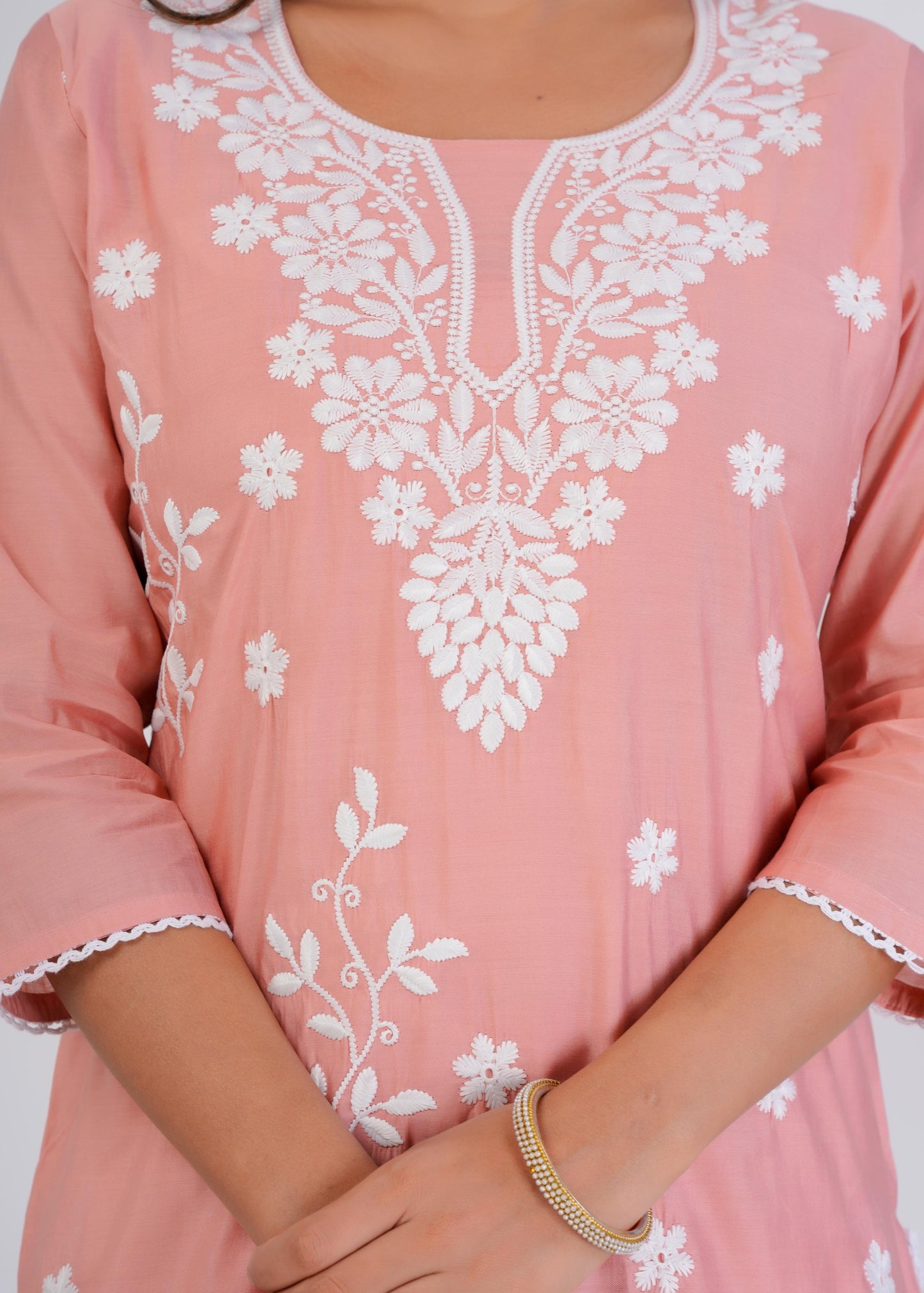 Cotton Embroidered Straight Peach Kurta Set With Dupatta