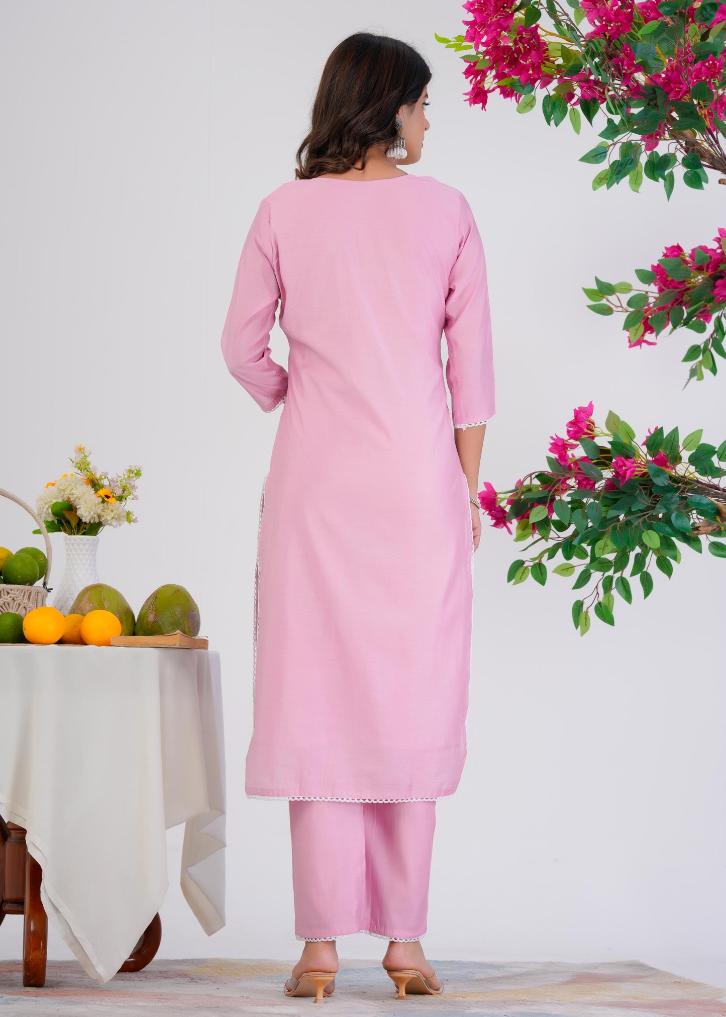 Cotton Embroidered Straight Pink Kurta Set With Dupatta