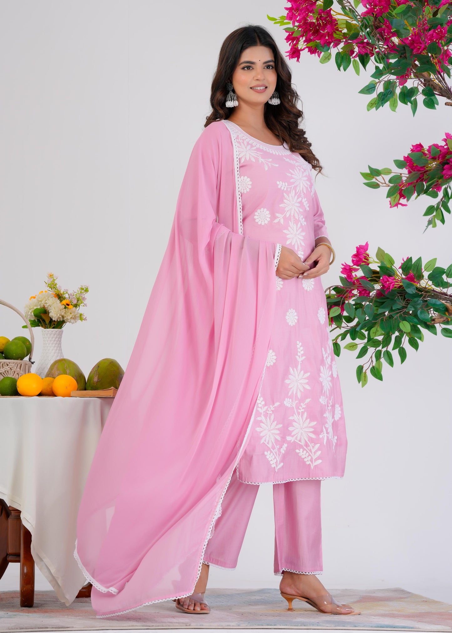 Cotton Embroidered Straight Pink Kurta Set With Dupatta