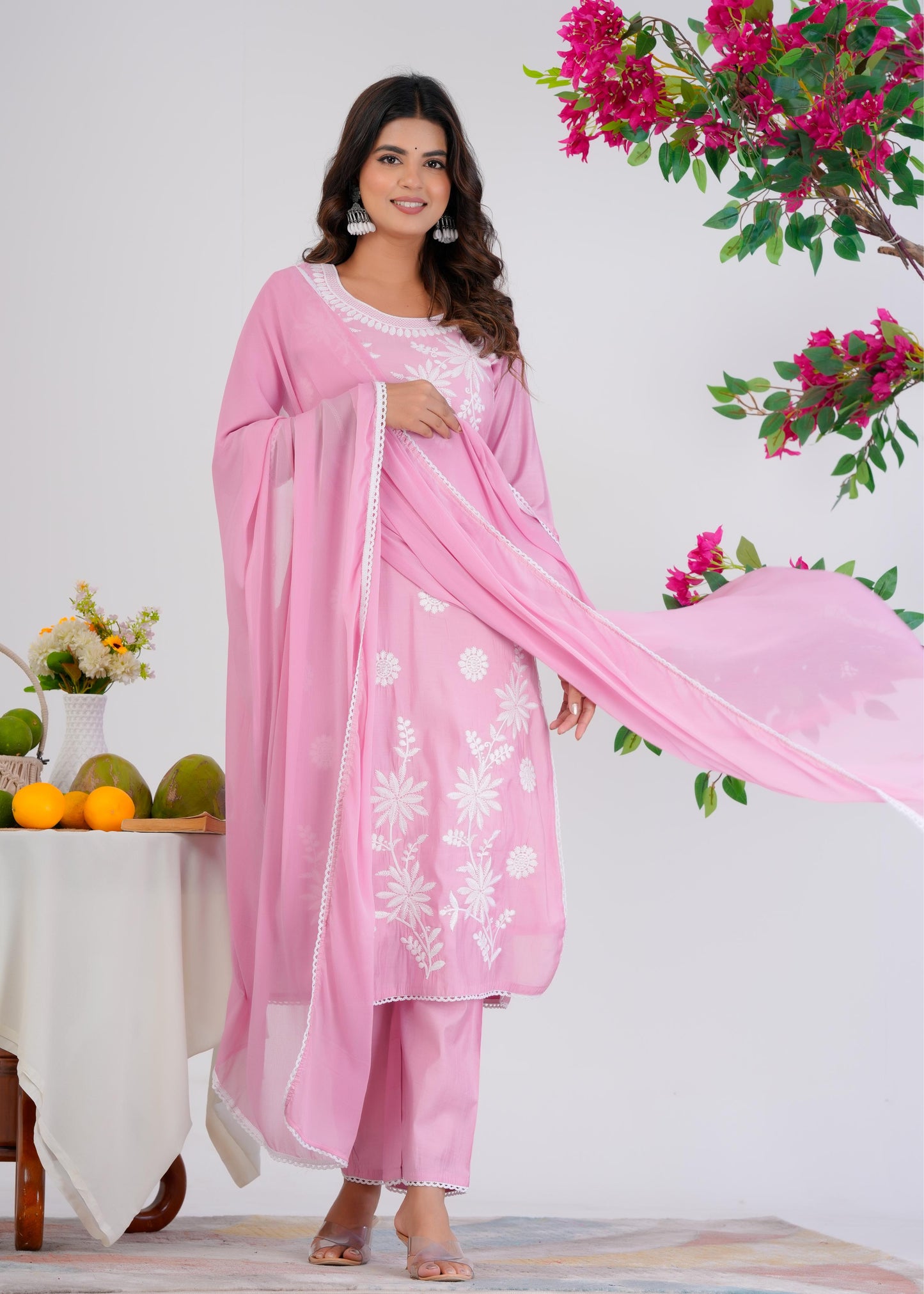 Cotton Embroidered Straight Pink Kurta Set With Dupatta