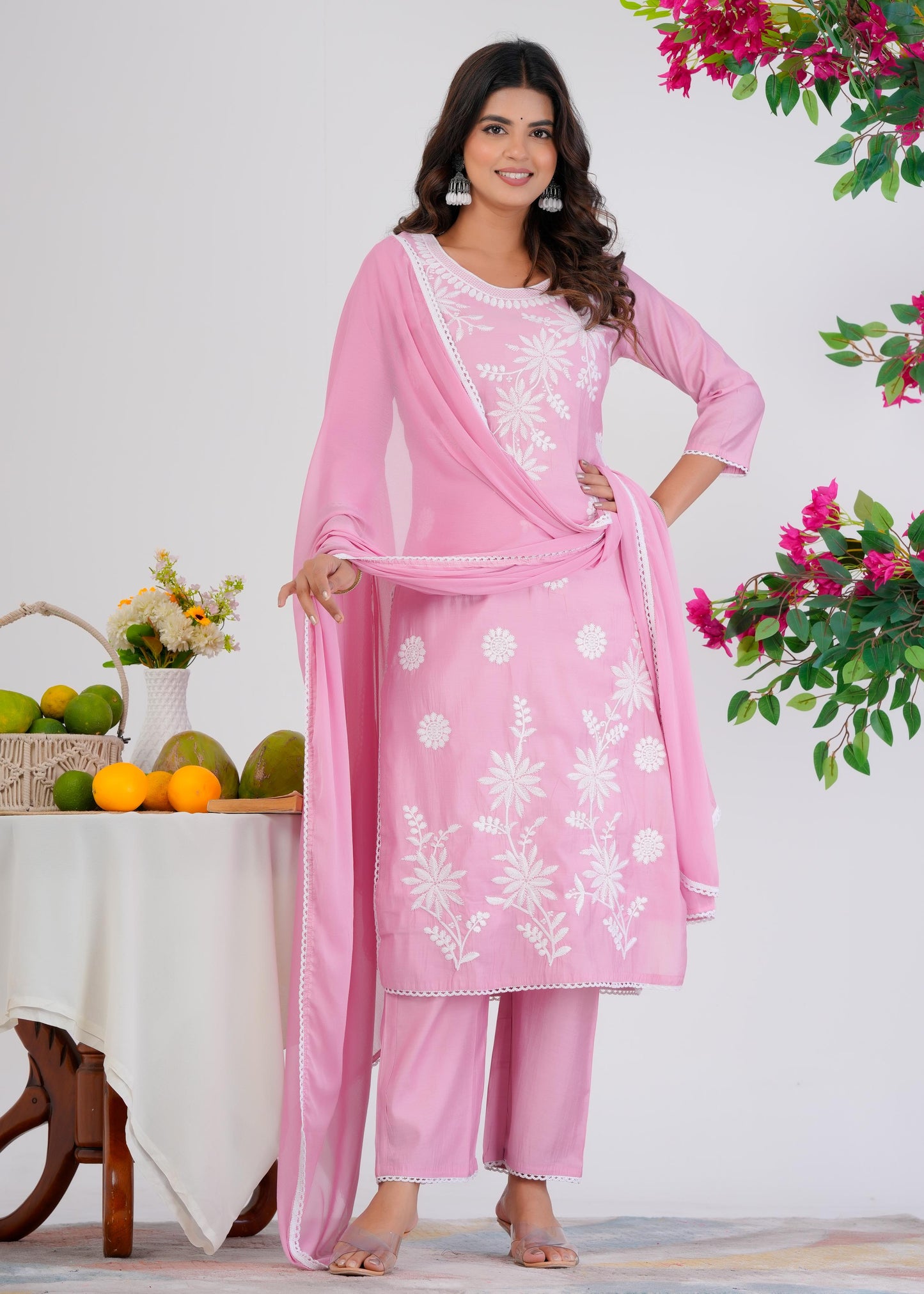 Cotton Embroidered Straight Pink Kurta Set With Dupatta