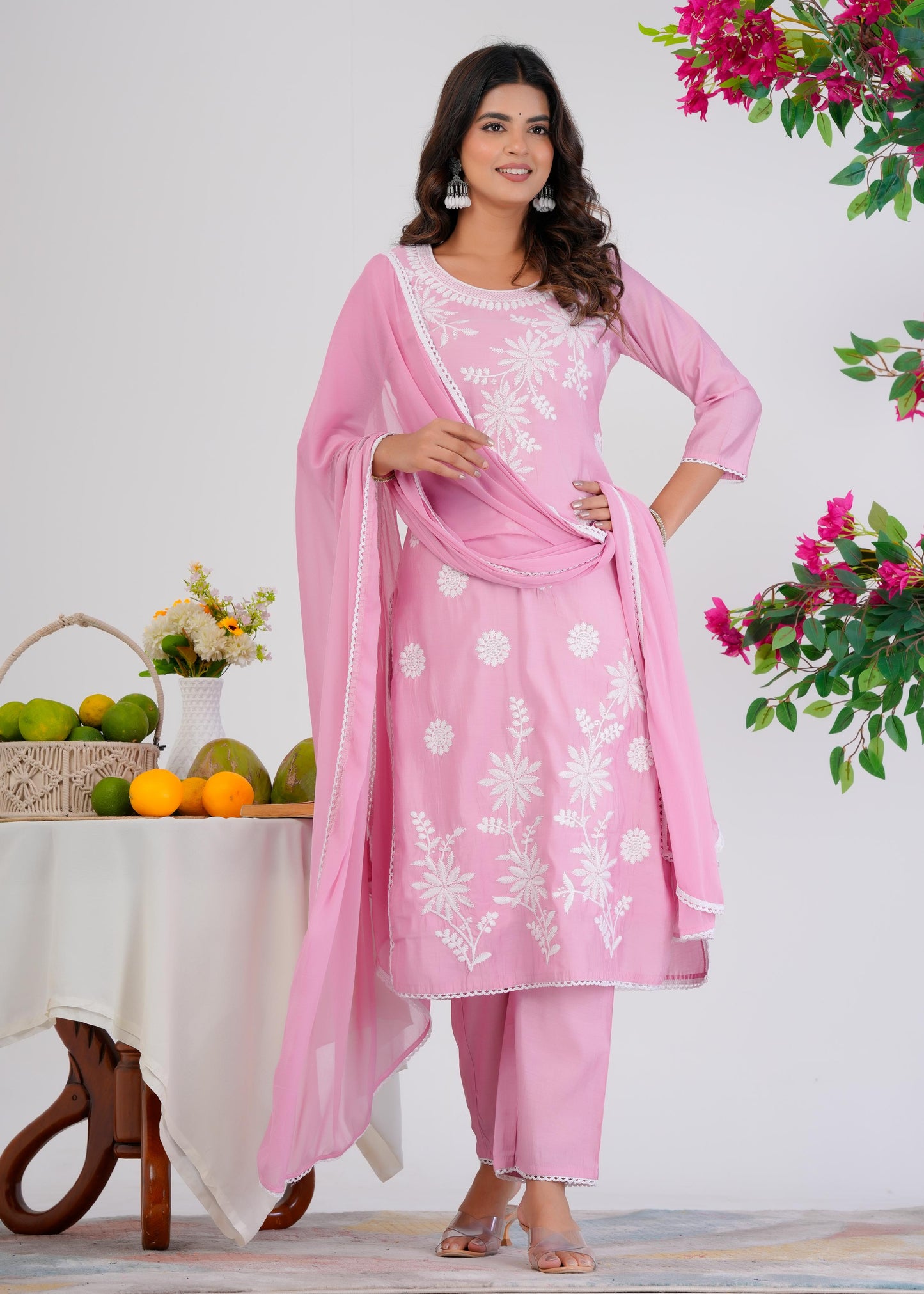 Cotton Embroidered Straight Pink Kurta Set With Dupatta