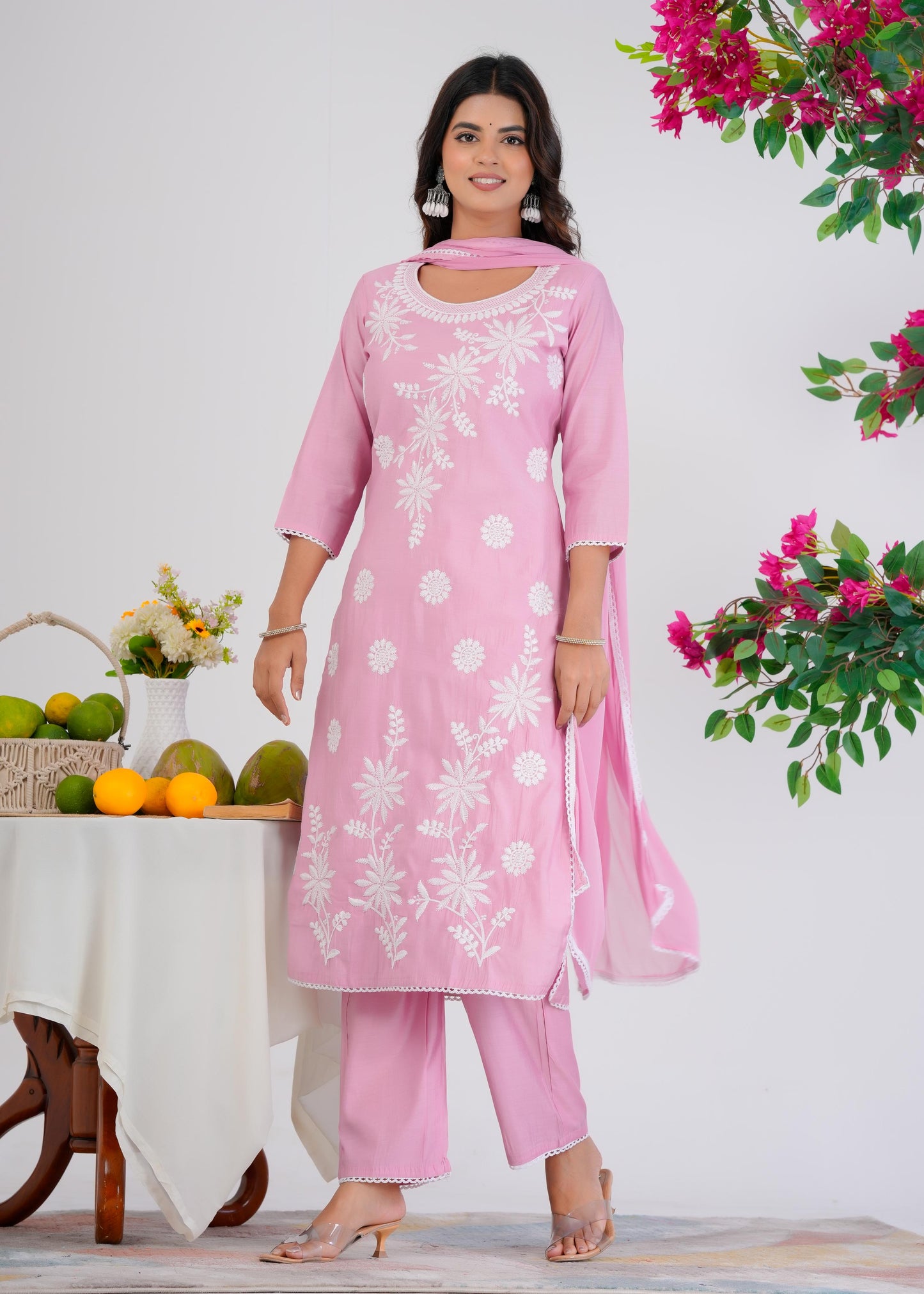 Cotton Embroidered Straight Pink Kurta Set With Dupatta