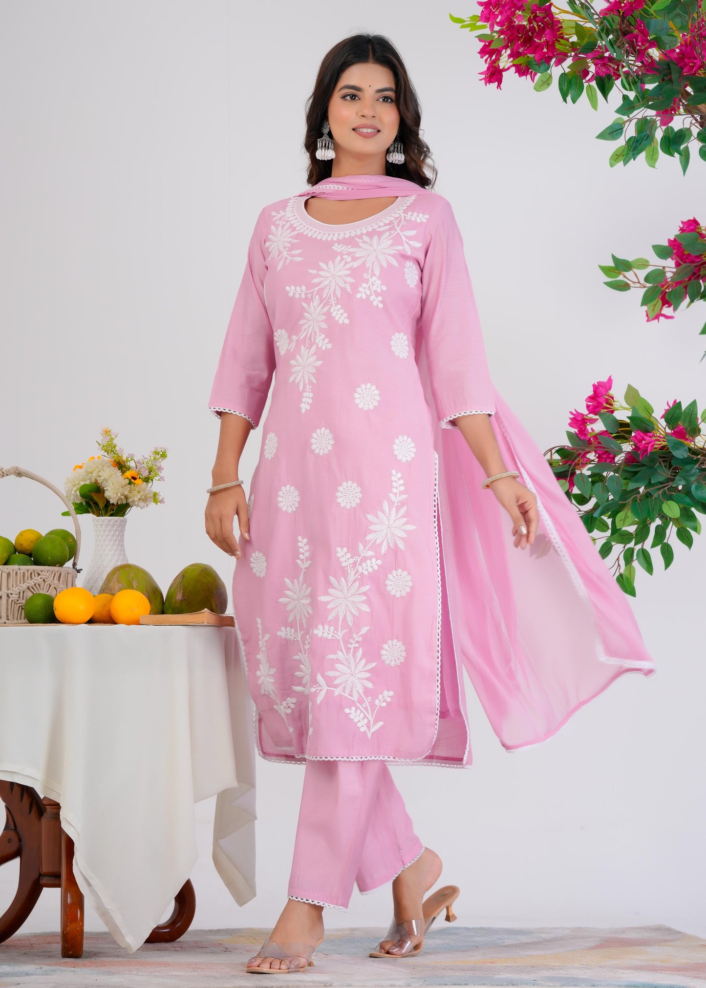 Cotton Embroidered Straight Pink Kurta Set With Dupatta