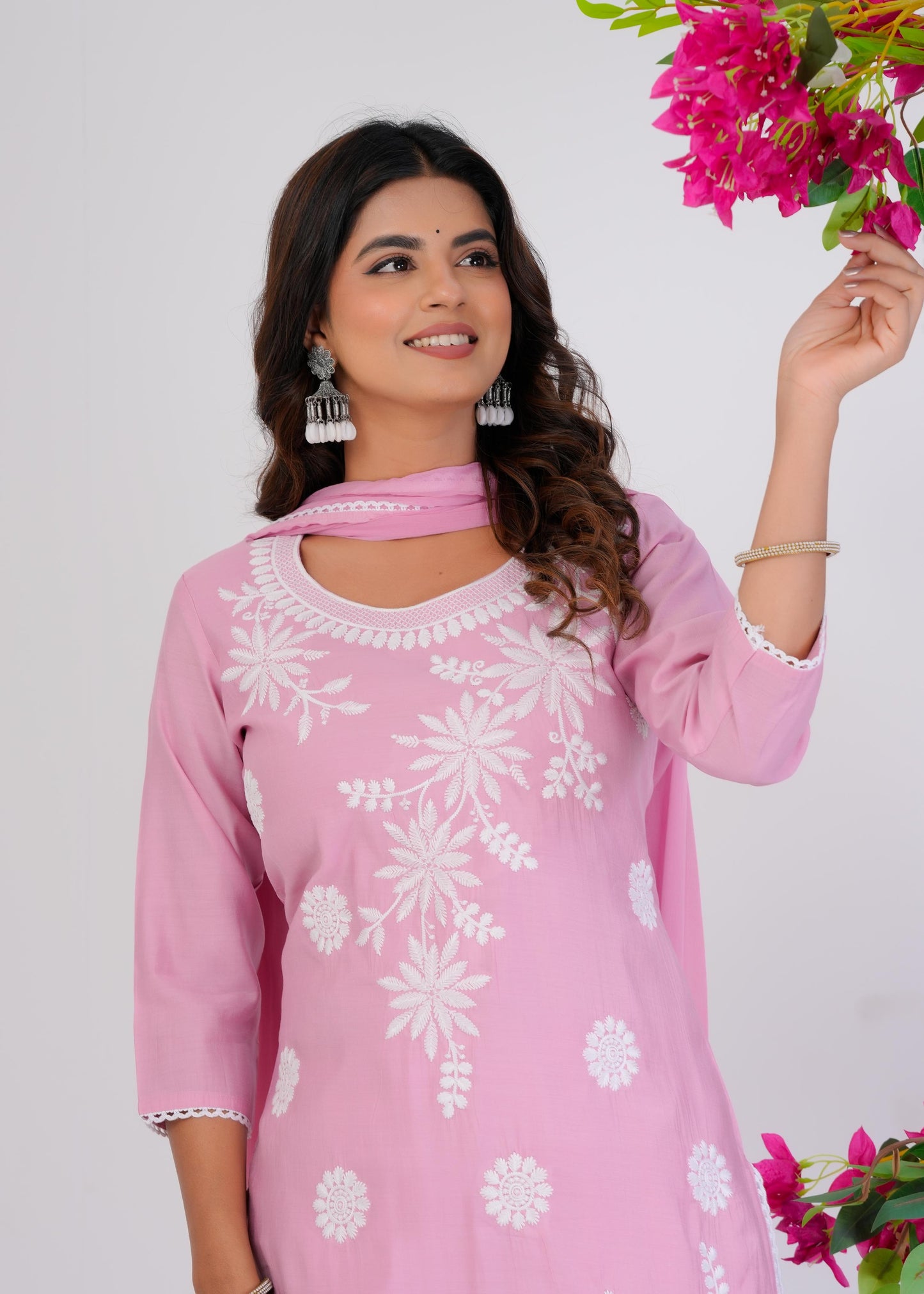 Cotton Embroidered Straight Pink Kurta Set With Dupatta