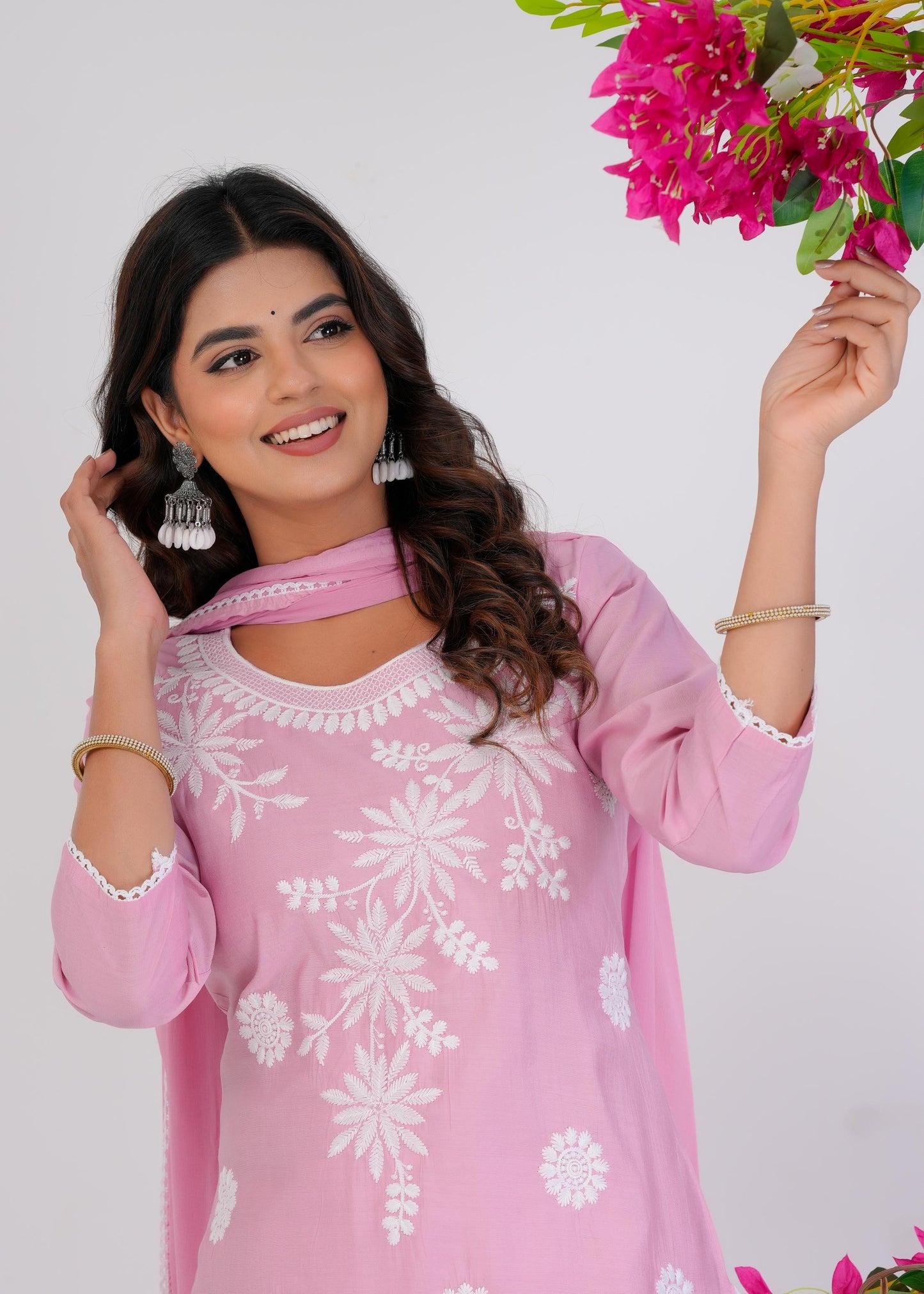 Cotton Embroidered Straight Pink Kurta Set With Dupatta