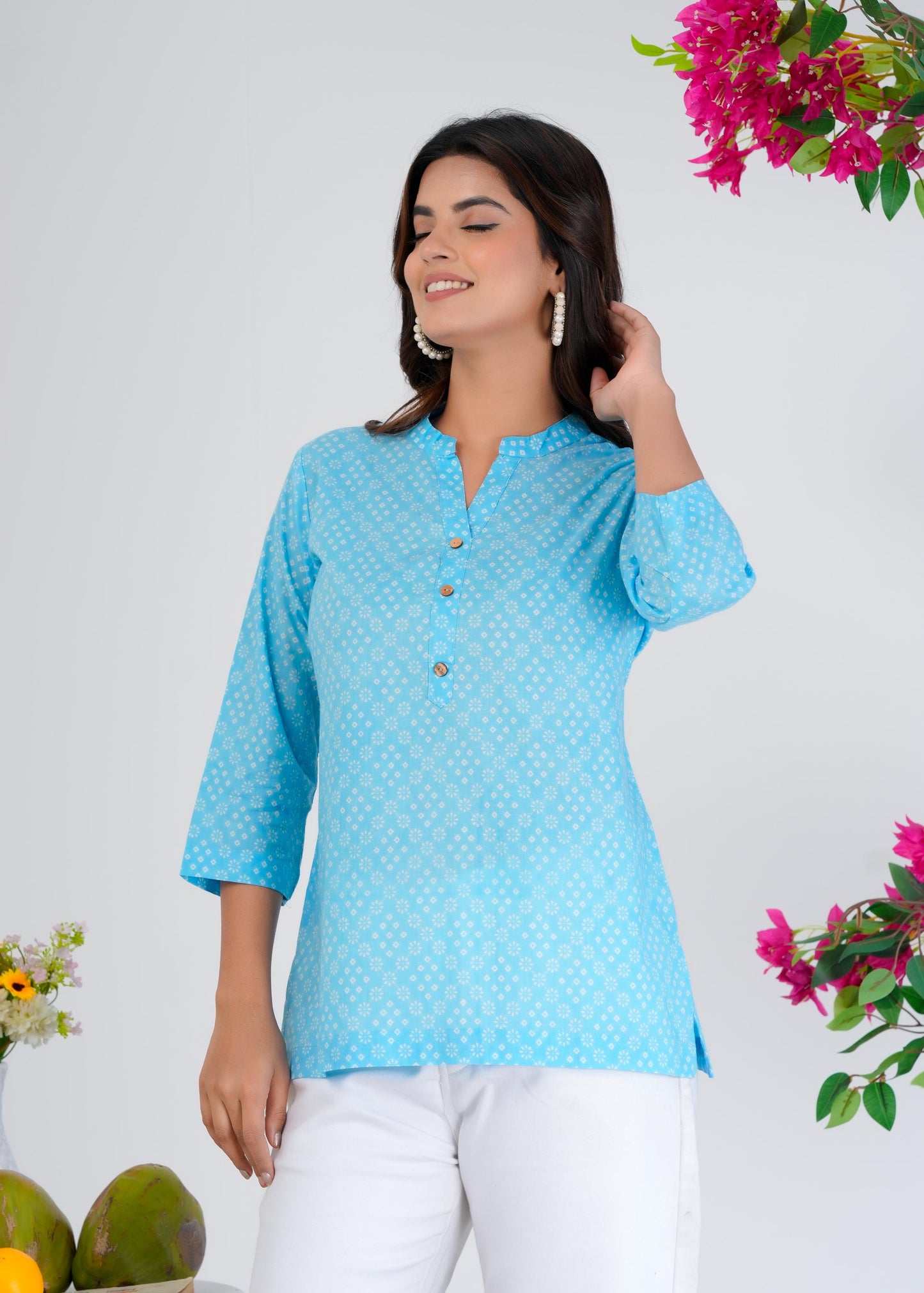 Cotton Printed Regular Blue Top