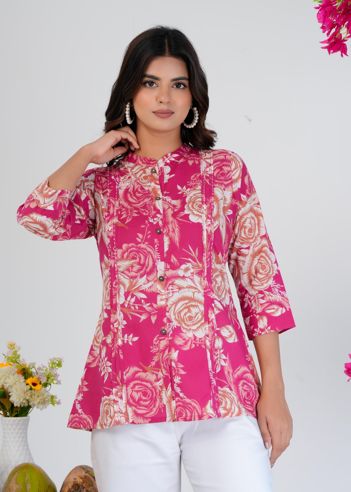 Cotton Printed Regular Pink Top
