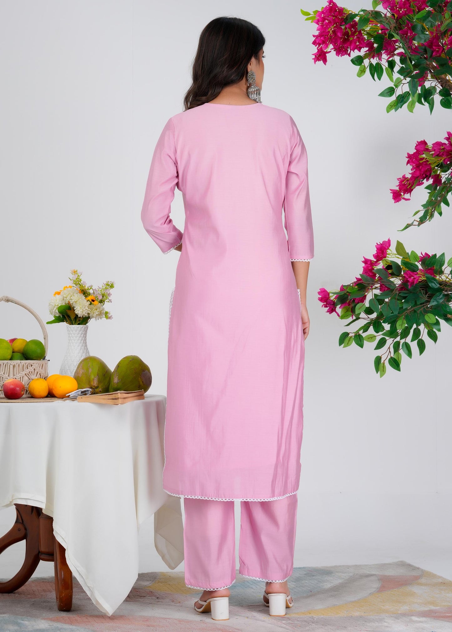 Cotton Embroidered Straight Pink Kurta Set With Dupatta
