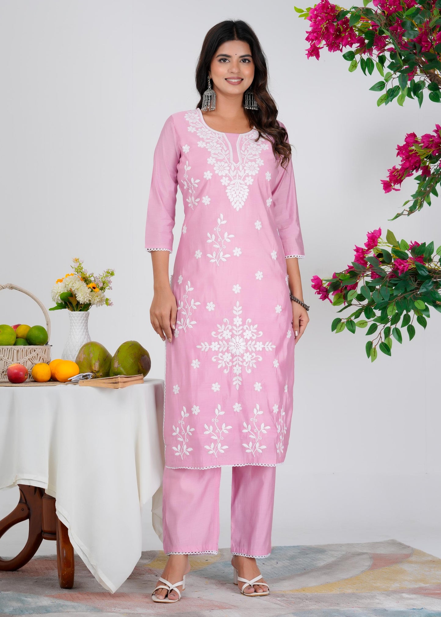 Cotton Embroidered Straight Pink Kurta Set With Dupatta